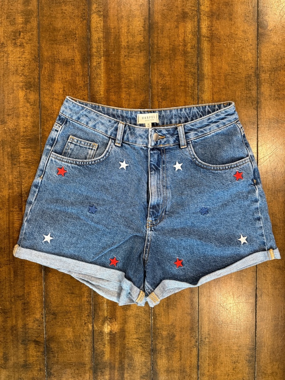 Harper Medium Blue Denim Shorts with Red, White & Navy Star Embroidery